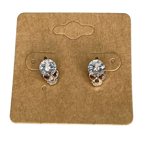 Skull Heart Eye Stud Earrings Rose Gold Tone with CZ/ Crystal Type Faux Diamond - Picture 1 of 9